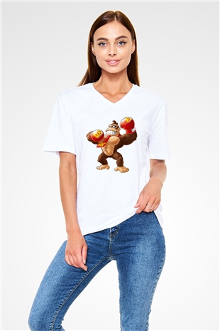Donkey Kong Beyaz Unisex V Yaka Tişört