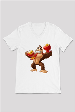 Donkey Kong Beyaz Unisex V Yaka Tişört