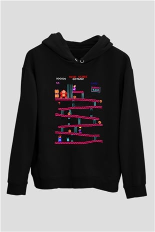 Donkey Kong Siyah Unisex Kapüşonlu Sweatshirt