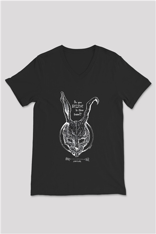Donnie Darko Baskılı Unisex Siyah V Yaka Tişört - Tshirt