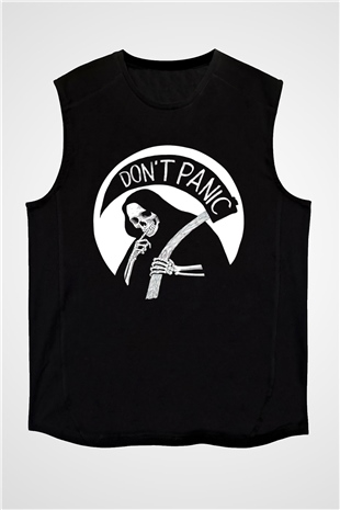 Dont Panic Temalı Baskılı Unisex Siyah  Kolsuz Tişört