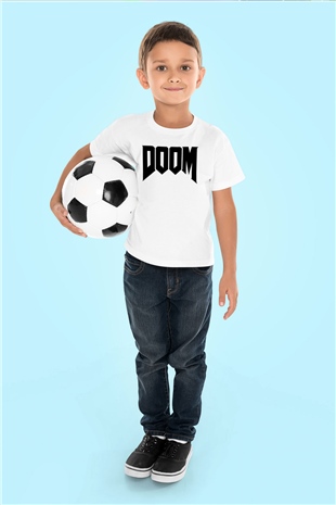Doom Baskılı Beyaz Unisex Çocuk Tişört