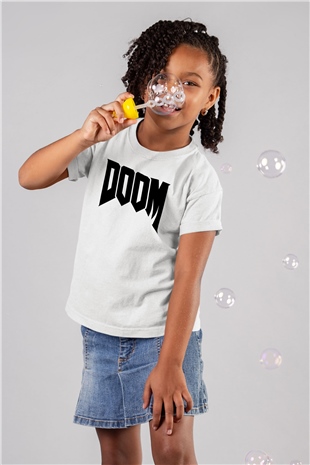 Doom Baskılı Beyaz Unisex Çocuk Tişört