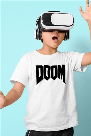 Doom Baskılı Beyaz Unisex Çocuk Tişört