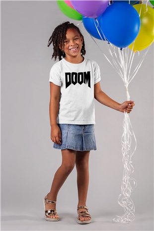 Doom Baskılı Beyaz Unisex Çocuk Tişört