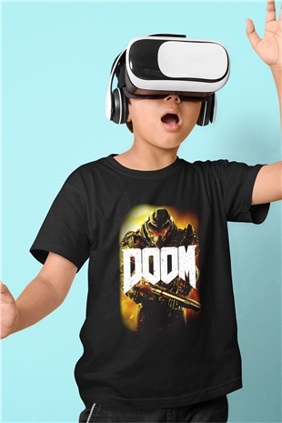 Doom Baskılı Siyah Unisex Çocuk Tişört