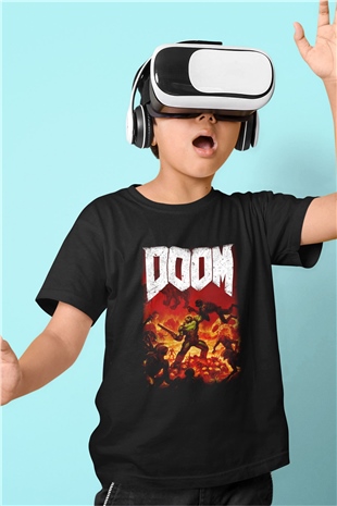 Doom Baskılı Siyah Unisex Çocuk Tişört