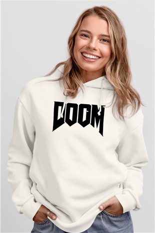 Doom Beyaz Unisex Kapşonlu Sweatshirt