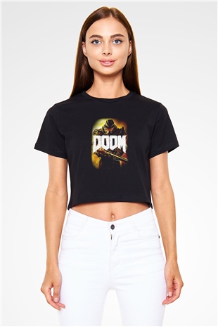 Doom Siyah Crop Top Tişört