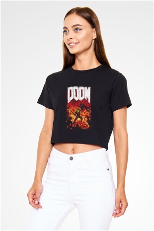 Doom Siyah Crop Top Tişört