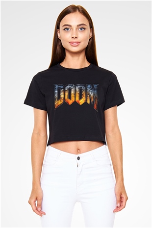 Doom Siyah Crop Top Tişört