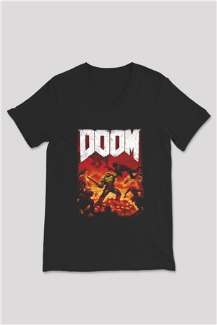 Doom Siyah Unisex V Yaka Tişört T-Shirt