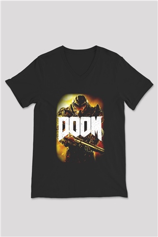 Doom Siyah Unisex V Yaka Tişört T-Shirt