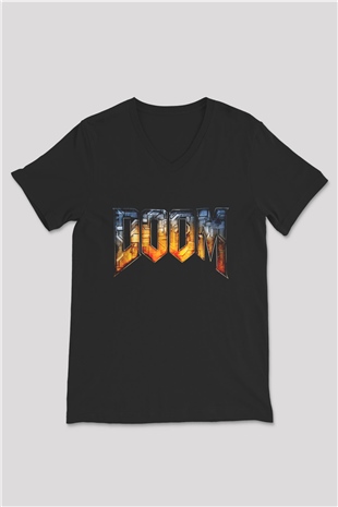 Doom Siyah Unisex V Yaka Tişört T-Shirt