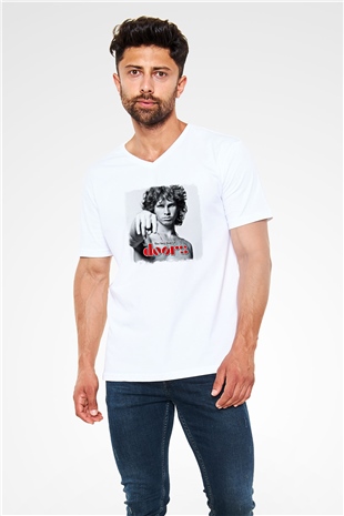 Doors Baskılı Unisex Beyaz V Yaka Tişört