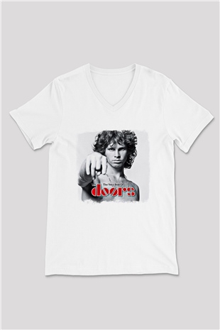 Doors Baskılı Unisex Beyaz V Yaka Tişört