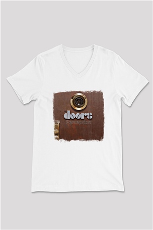 Doors Baskılı Unisex Beyaz V Yaka Tişört