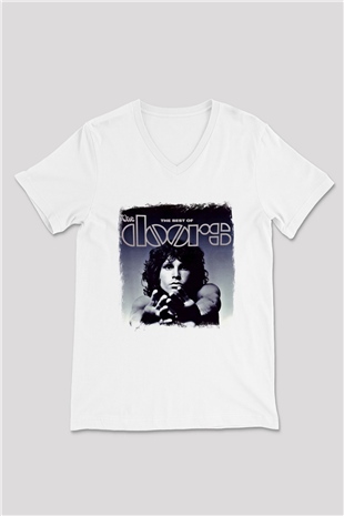 Doors Baskılı Unisex Beyaz V Yaka Tişört