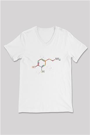 Dopamin Kimyasal Formülü Baskılı Unisex V Yaka Beyaz Tişört - Tshirt
