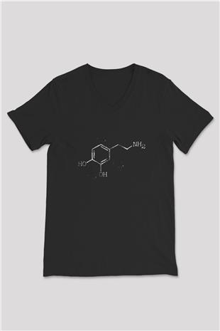 Dopamin Kimyasal Formülü Baskılı Unisex V Yaka Siyah Tİşört - Tshirt