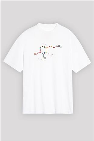 Dopamin Kimyasal Formülü Baskılı Unisex Oversize Beyaz Tişört - Tshirt