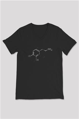 Dopamin Kimyasal Formülü Baskılı Unisex V Yaka Siyah Tİşört - Tshirt