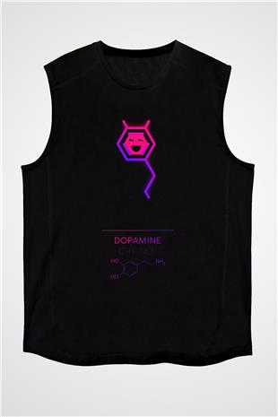 Dopamin Molekülü Baskılı Unisex Kolsuz Siyah Tişört - Tshirt