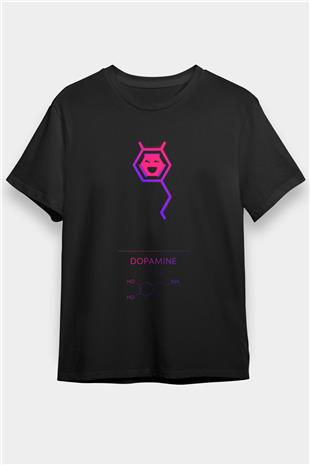 Dopamin Molekülü Baskılı Unisex Siyah Tişört - Tshirt