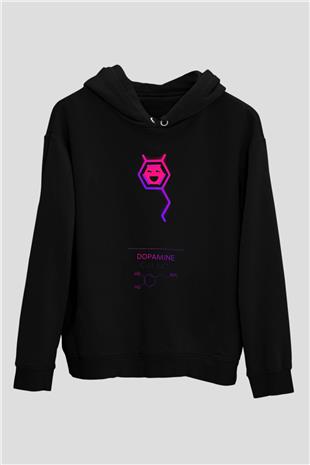 Dopamin Molekülü Baskılı Unisex Siyah Hoodie
