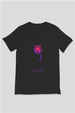 Dopamin Molekülü Baskılı Unisex V Yaka Siyah Tİşört - Tshirt