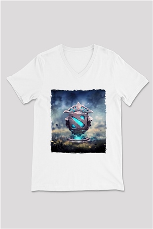 Dota 2 Beyaz Unisex V Yaka Tişört