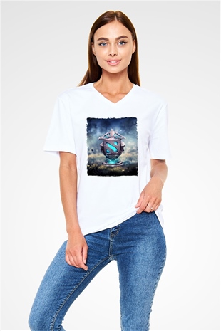 Dota 2 Beyaz Unisex V Yaka Tişört