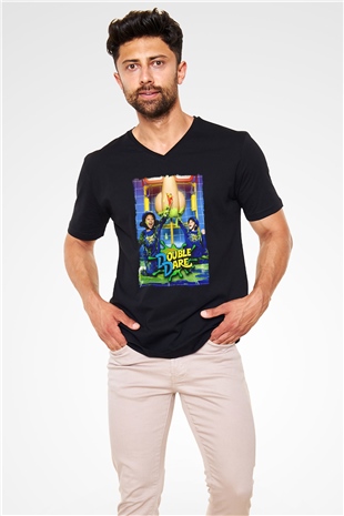 Double Dare Siyah Unisex  V Yaka Tişört