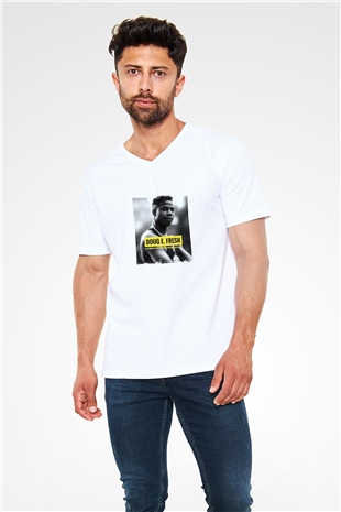 Doug E. Fresh Baskılı Beyaz V Yaka Unisex Tişört