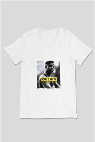 Doug E. Fresh Baskılı Beyaz V Yaka Unisex Tişört