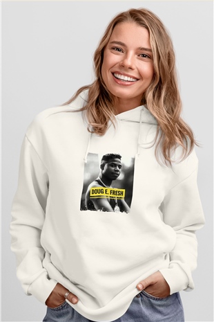 Doug E. Fresh Baskılı Unisex Beyaz Kapüşonlu Sweatshirt