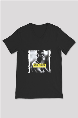 Doug E. Fresh Baskılı Unisex Siyah V Yaka Tişört
