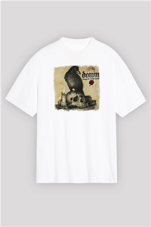 Down Baskılı Unisex Beyaz Oversize Tişört