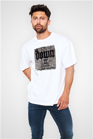 Down Baskılı Unisex Beyaz Oversize Tişört