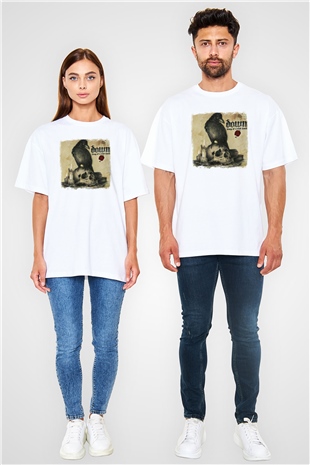 Down Baskılı Unisex Beyaz Oversize Tişört