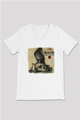 Down Baskılı Unisex Beyaz V Yaka Tişört