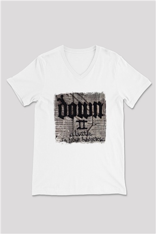 Down Baskılı Unisex Beyaz V Yaka Tişört