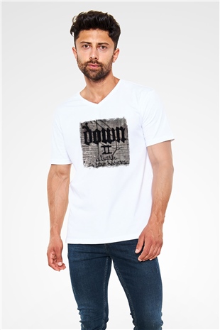 Down Baskılı Unisex Beyaz V Yaka Tişört