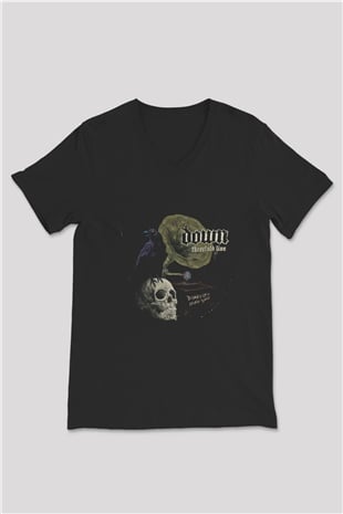 Down Baskılı Unisex Siyah V Yaka Tişört