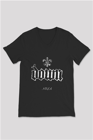 Down Baskılı Unisex Siyah V Yaka Tişört
