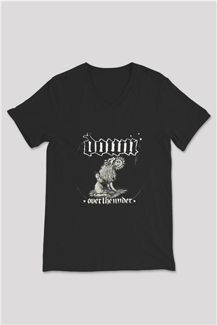 Down Baskılı Unisex Siyah V Yaka Tişört