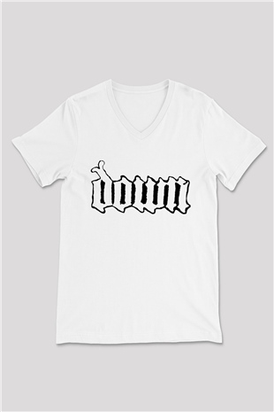 Down Beyaz Unisex V Yaka Tişört T-Shirt