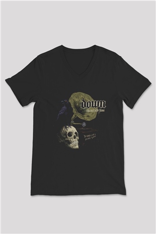 Down Siyah Unisex V Yaka Tişört T-Shirt