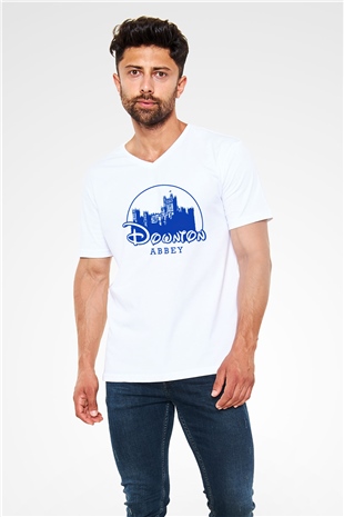 Downtown Abbey Beyaz Unisex V Yaka Tişört