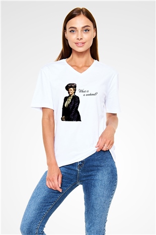 Downtown Abbey Beyaz Unisex V Yaka Tişört
